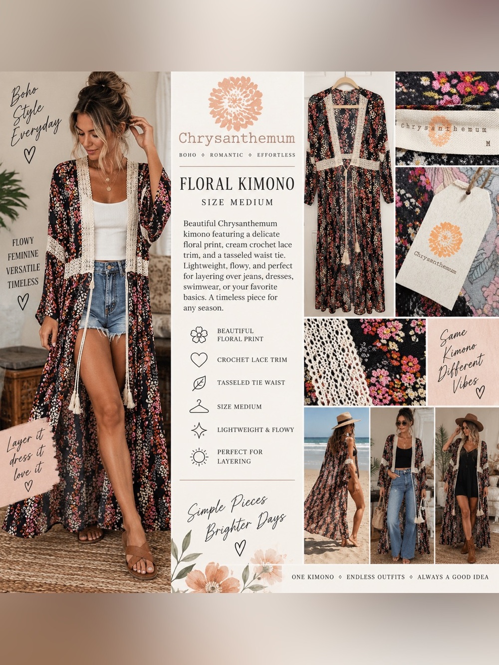 Chrysanthemum Floral Maxi Kimono M Boho Crochet Lace Tassel Duster NWT